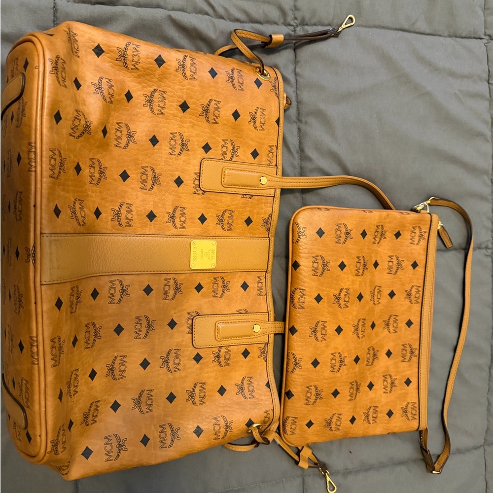MCM Tan Logo Duffel Bag Set